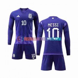 Argentinien Auswärtsausrüstung 3 Stars Lionel Messi 10 World Cup 2022 Kinder Set(Trikot und Hose) L/S