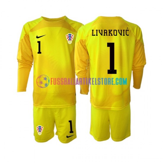 Kroatien Heimausrüstung Torwart Dominik Livakovic 1 World Cup 2022 Kinder Set(Trikot und Hose) L/S