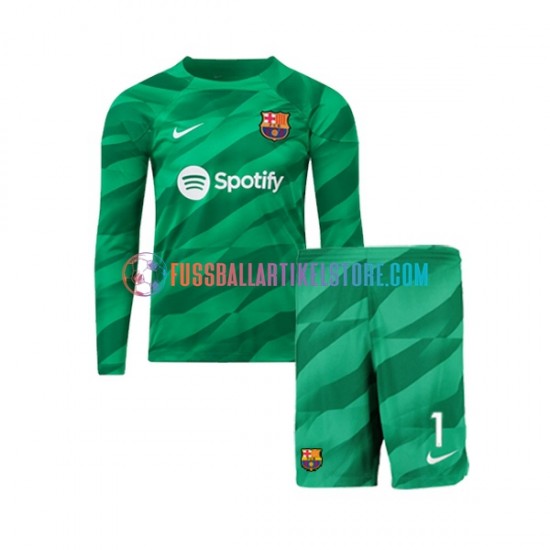 FC Barcelona Heimausrüstung Torwart Ter Stegen 1 2023-2024 Kinder Set(Trikot und Hose) L/S