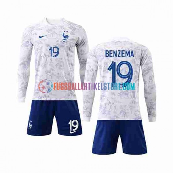 Frankreich Auswärtsausrüstung Benzema 19 World Cup 2022 Kinder Set(Trikot und Hose) L/S