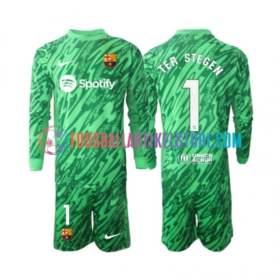 FC Barcelona Heimausrüstung Torwart Ter Stegen 1 2024-2025 Kinder Set(Trikot und Hose) Grün L/S