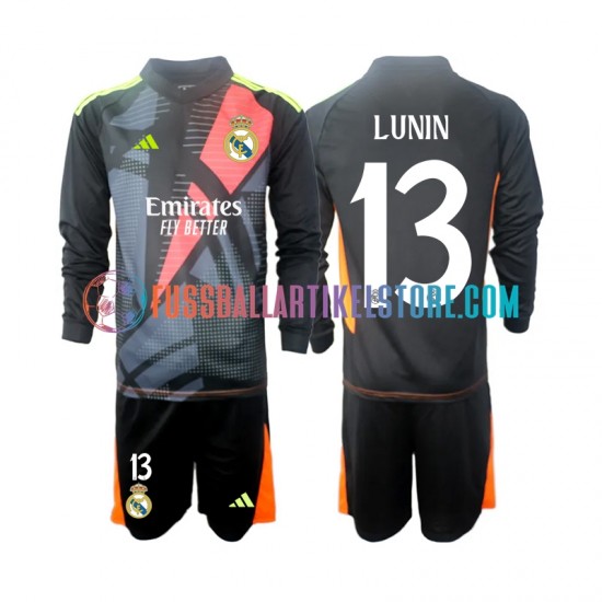 Real Madrid Auswärtsausrüstung Torwart Andriy Lunin 13 2024-2025 Kinder Set(Trikot und Hose) Schwarz L/S