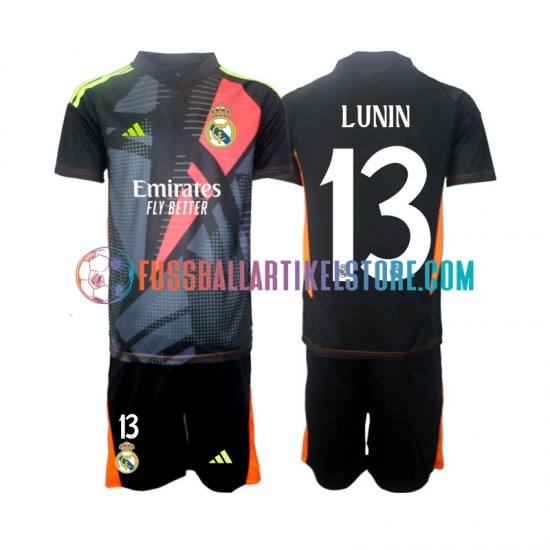 Real Madrid Auswärtsausrüstung Torwart Andriy Lunin 13 2024-2025 Kinder Set(Trikot und Hose) Schwarz S/S