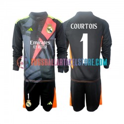 Real Madrid Auswärtsausrüstung Torwart Thibaut Courtois 1 2024-2025 Kinder Set(Trikot und Hose) Schwarz L/S