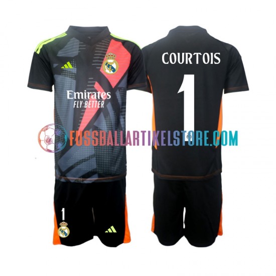 Real Madrid Auswärtsausrüstung Torwart Thibaut Courtois 1 2024-2025 Kinder Set(Trikot und Hose) Schwarz S/S