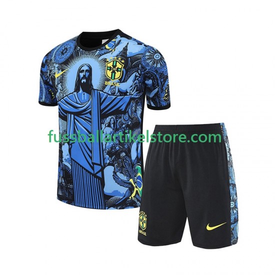 Brasilien Heimausrüstung JESUS Football Shirts 2024-2025 Kinder Set(Trikot und Hose) Blau S/S