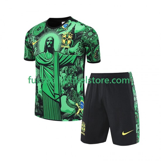 Brasilien Heimausrüstung JESUS Football Shirts 2024-2025 Kinder Set(Trikot und Hose) Grün S/S