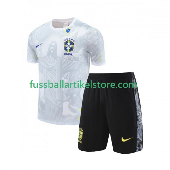 Brasilien Heimausrüstung JESUS Football Shirts 2024-2025 Kinder Set(Trikot und Hose) Weiß S/S