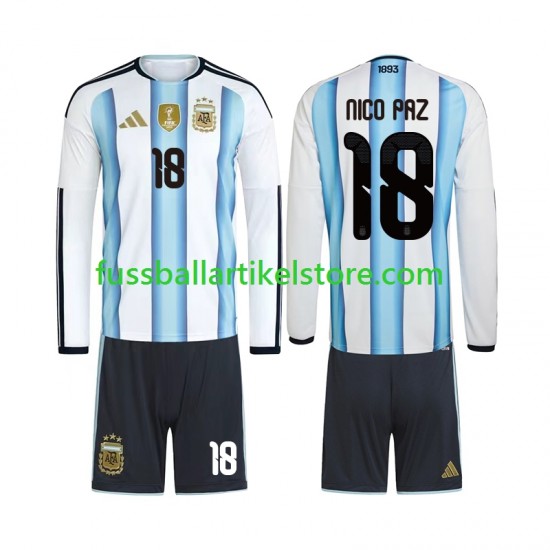 Argentinien Heimausrüstung Nico Paz 18 World Cup 2026 Kinder Set(Trikot und Hose) L/S