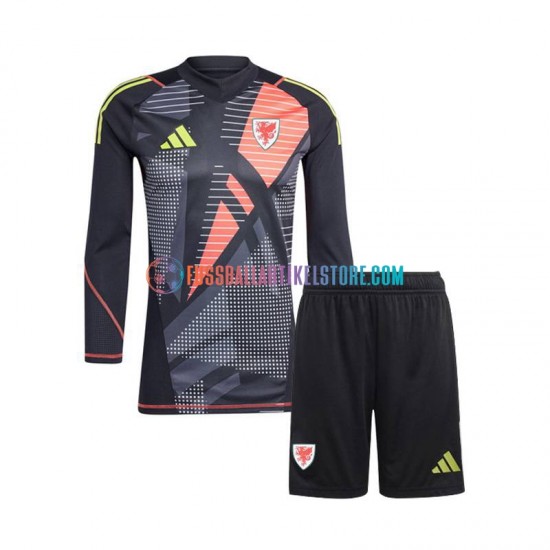 Wales Heimausrüstung Torwart 2024 Kinder Set(Trikot und Hose) Schwarz L/S